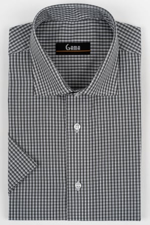 Camasi regular fit - Camasa barbati regular fit gri olive cu caro fin alb cu maneca scurta