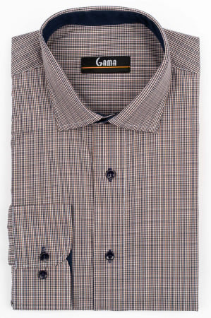 Camasi cu dungi si carouri - Camasa barbati regular fit navy cu caro fin alb si maro