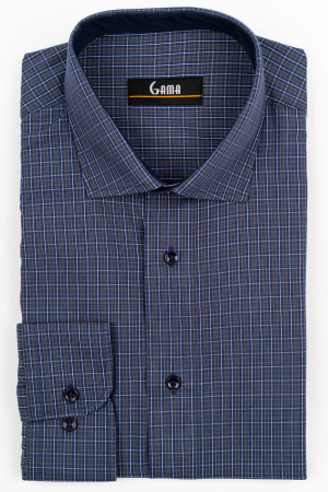 Camasi barbati - Camasa barbati regular fit navy cu caro fin alb, turcoaz si auriu