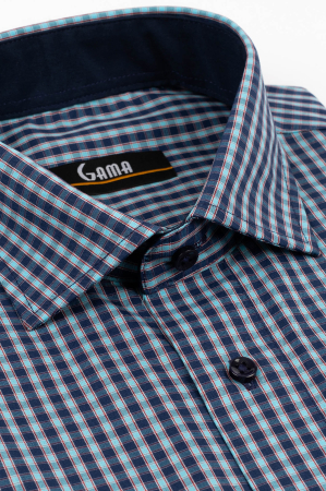 Camasa barbati regular fit turcoaz cu caro fin rosu si bleumarin cu maneca scurta [1]