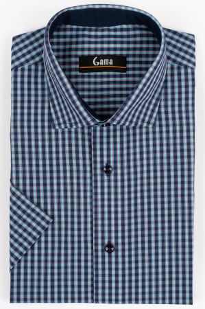 Camasi regular fit - Camasa barbati regular fit turcoaz cu caro fin rosu si bleumarin cu maneca scurta