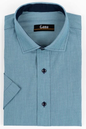 Camasi regular fit - Camasa barbati regular fit turcoaz cu dungi fine bleumarin cu maneca scurta