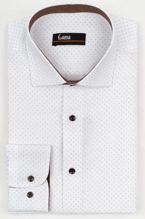 Camasi cu imprimeuri - Camasa barbati slim fit alba cu buline maro si insertie