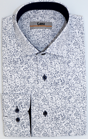 Camasi cu imprimeuri - Camasa barbati slim fit alba cu imprimeu abstract bleumarin CONFORT