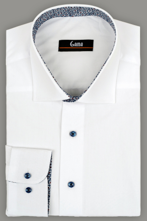 Camasi barbati - Camasa barbati slim  fit alba cu insertie bleumarin cu flori la guler