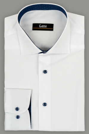 Camasi barbati - Camasa barbati slim fit alba cu insertie bleumarin la guler