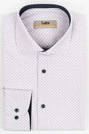 Camasi cu imprimeuri - Camasa barbati slim fit alba cu insertie lila si imprimeu bleumarin CONFORT