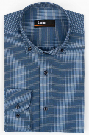 Camasi barbati - Camasa barbati slim fit albastra cu carouri bleu si bej