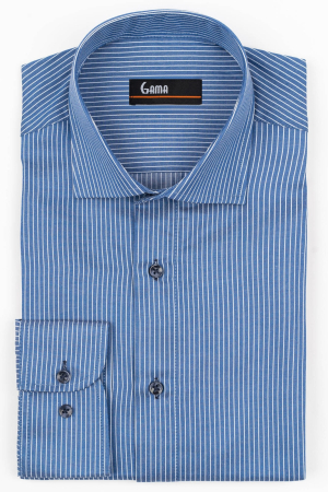 Camasi cu dungi si carouri - Camasa barbati slim fit albastra cu dungi fine albe