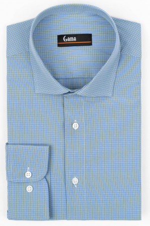 Camasi barbati - Camasa barbati slim fit albastra deschis cu carouri verzi si albe