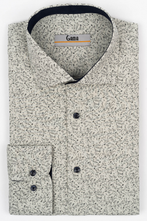 Camasi barbati - Camasa barbati slim fit bej nisipiu cu imprimeu abstract bleumarin CONFORT