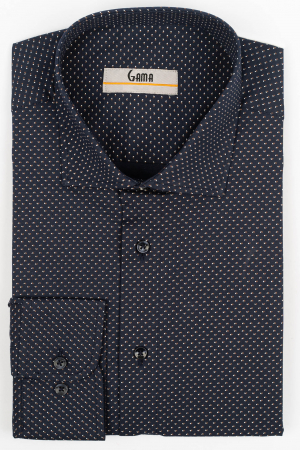 Camasi slim fit - Camasa barbati slim fit bleumarin cu imprimeu alb si maro PREMIUM