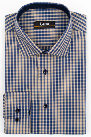 Camasi barbati - Camasa barbati slim fit cappuccino cu caro fin alb si bleumarin