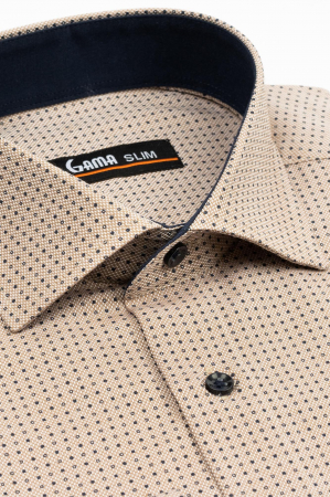 Camasa barbati slim fit cappuccino cu insertii albe si imprimeu bleumarin [2]