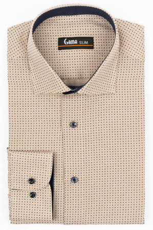Camasa barbati slim fit cappuccino cu insertii albe si imprimeu bleumarin [0]