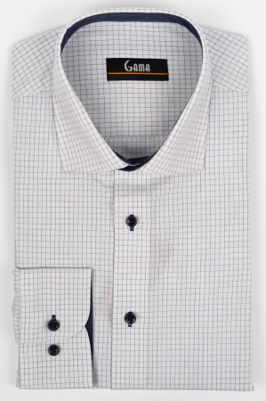 Camasi barbati - Camasa barbati slim fit crem cu carouri bleumarin