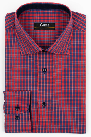 Camasi barbati - Camasa barbati slim fit rosie cu caro fin bleumarin si alb