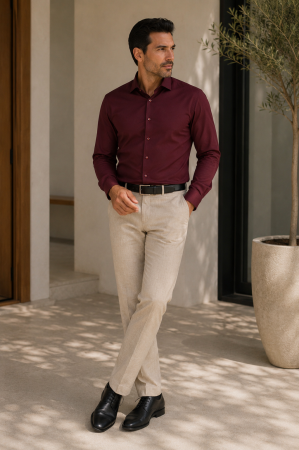 Camasi slim fit - Camasa barbati slim fit visiniu-bordo CONFORT