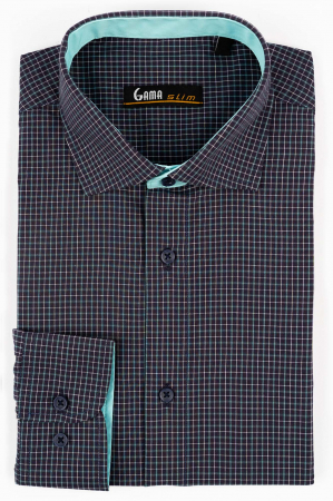 Camasa bleumarin cu carouri turcoaz slim [0]