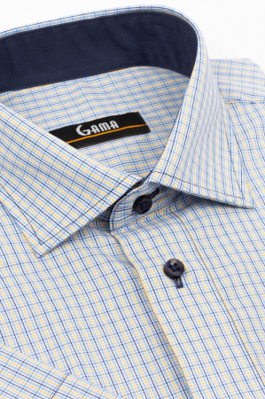 Camasa cu maneca scurta regular fit bleu cu carouri galbene si bleumarin 2XL-4XL [1]