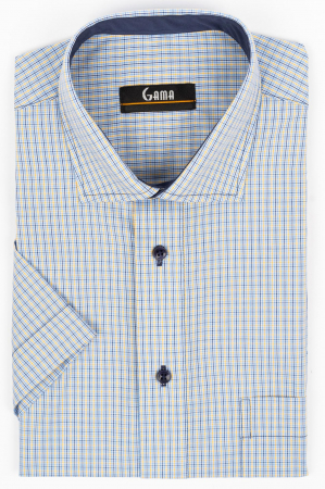 Camasi maneca scurta - Camasa cu maneca scurta regular fit bleu cu carouri galbene si bleumarin
