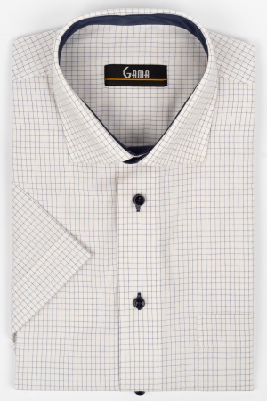 Camasi barbati - Camasa cu maneca scurta regular fit crem cu carouri bleumarin