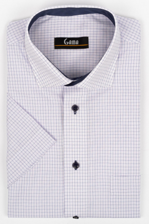 Camasi barbati - Camasa barbati cu maneca scurta, cu carouri bleumarin si albe . Croiala standard.  Camasa are gulerul clasic .
