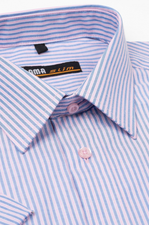 Camasa maneca scurta slim fit roz cu dungi albastre [1]