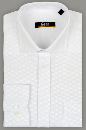 Camasi barbati - Camasa regular fit alba cu model in tesatura si nasturi ascunsi