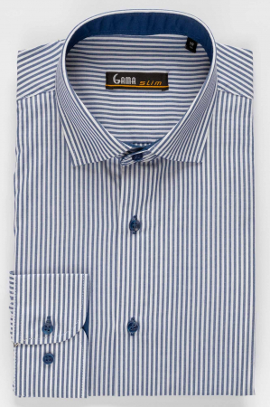 Camasa slim fit alba cu dungi bleumarin [3]