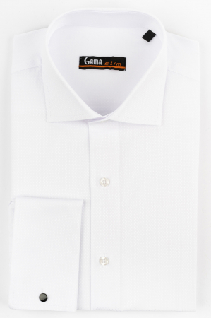 Camasi barbati - Camasa slim fit alba cu model in tesatura si manseta dubla