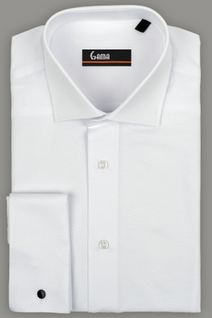 Camasi slim fit - Camasa slim fit alba cu model in tesatura si manseta dubla