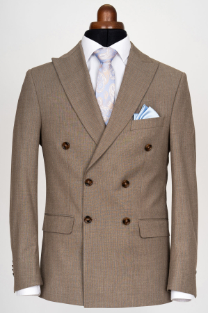 Costum barbati slim fit bej cu dungi bleu si doua randuri de nasturi [1]