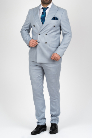Imbracaminte Barbati - Costum barbati slim fit bleu-dungi cu doua randuri de nasturi