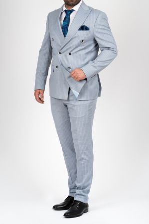 Costum barbati slim fit bleu-dungi cu doua randuri de nasturi [2]
