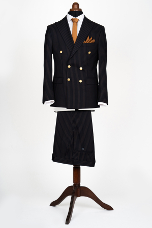Costume slim fit - Costum barbati slim fit bleumarin cu dungi maro si doua randuri de nasturi aurii