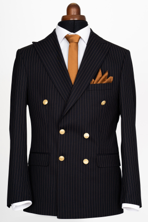 Costum barbati slim fit bleumarin cu dungi maro si doua randuri de nasturi aurii [1]