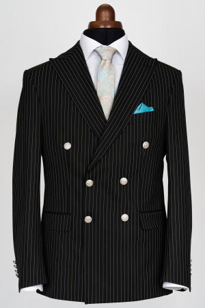 Costum barbati slim fit negru cu dungi albe si doua randuri de nasturi [2]