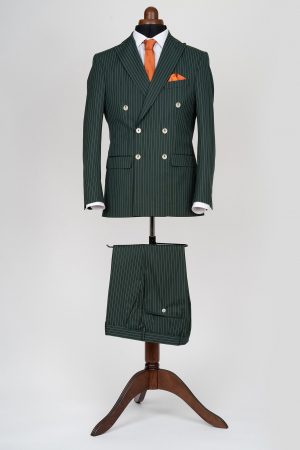 Costum barbati slim fit verde-dungi cu doua randuri de nasturi