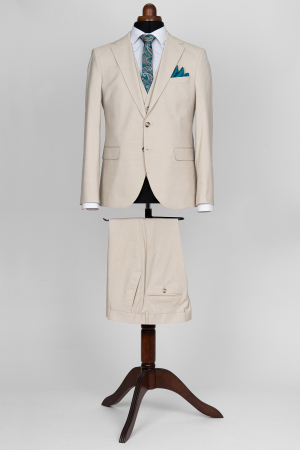 Costume slim fit - Costum cu vesta barbati slim fit bej-deschis