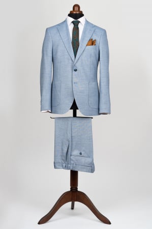 Costum barbati slim fit bleu-pepit cu buzunare aplicate