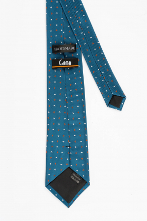 Cravata albastru petrol cu imprimeuri geometrice albe si portocalii [2]