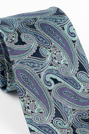 Cravata din matase naturala bleumarin cu model paisley turcoaz si mov [1]
