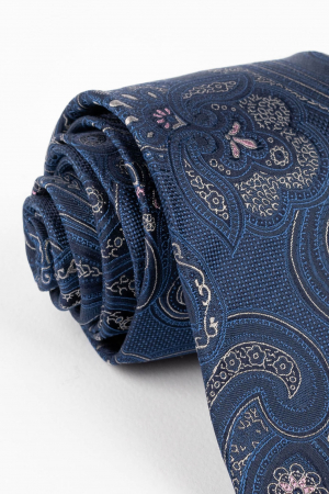 Cravata din matase naturala bleumarin cu model floral argintiu si roz [1]