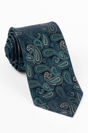 Cravata din matase naturala bleumarin cu model paisley verde si crem [0]