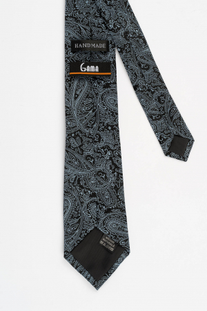 Cravata din matase naturala neagra cu model paisley bleu [2]
