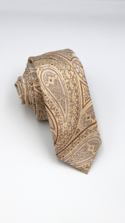 Cravate - Cravata ingusta bej cu model paisley auriu si maro deschis