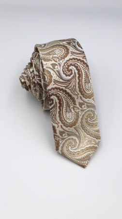 Cravate - Cravata ingusta bej cu model paisley maro si crem