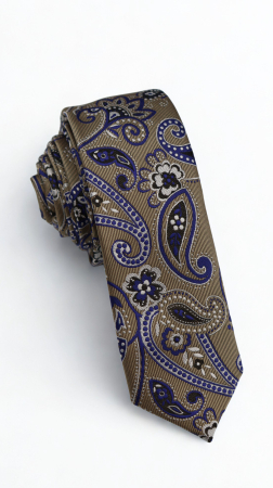 Cravate - Cravata ingusta maro deschis cu paisley albastru și alb