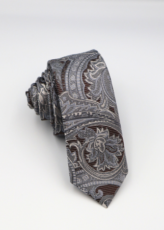 Cravate - Cravata ingusta maro inchis cu model gri-argintiu
